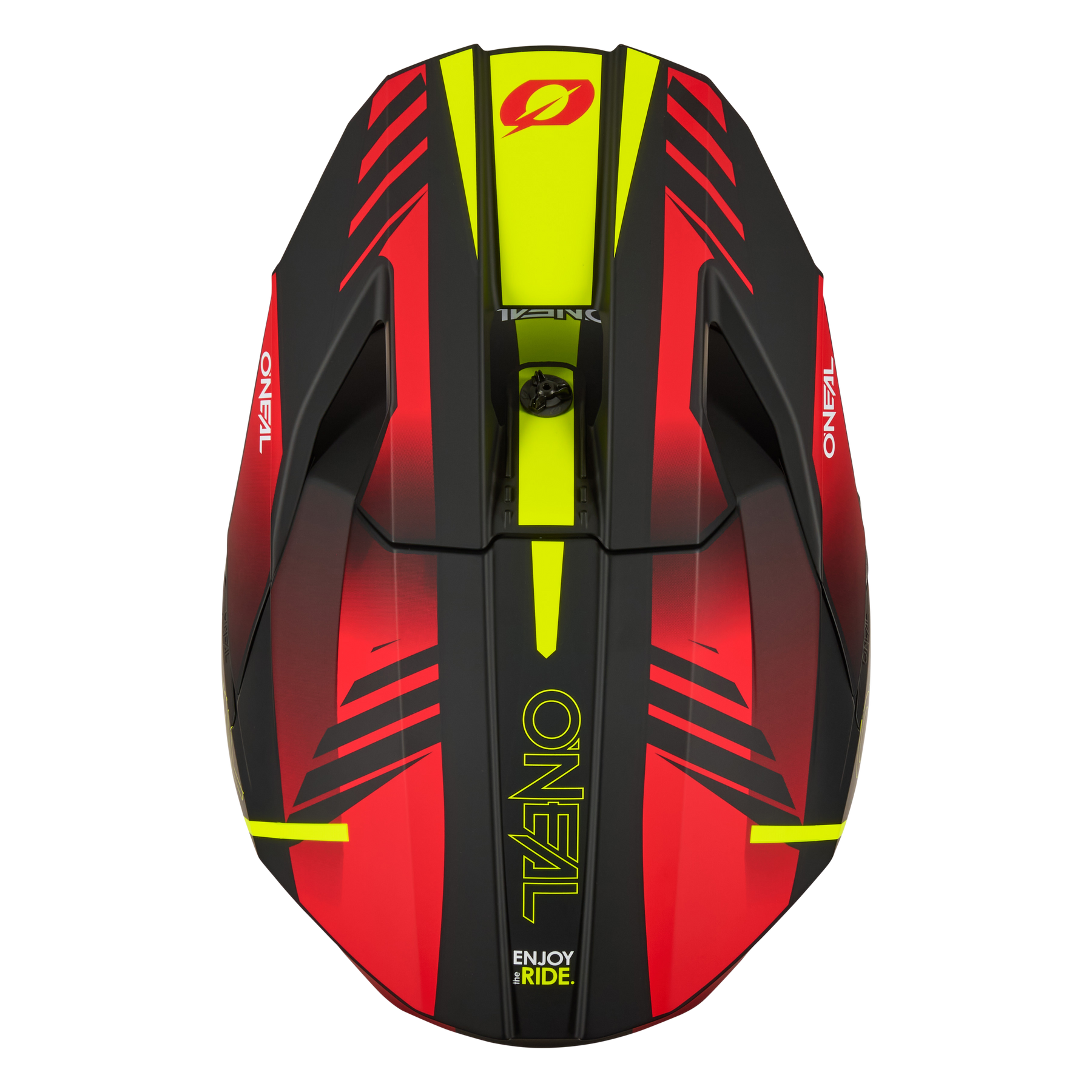 Die Draufsicht auf den O'NEAL 3SRS Helm HAZE zeigt sein farbenfrohes, aerodynamisches Design mit auffälligen roten, schwarzen und gelben Mustern und dem O'NEAL-Logo plus ENJOY RIDE".