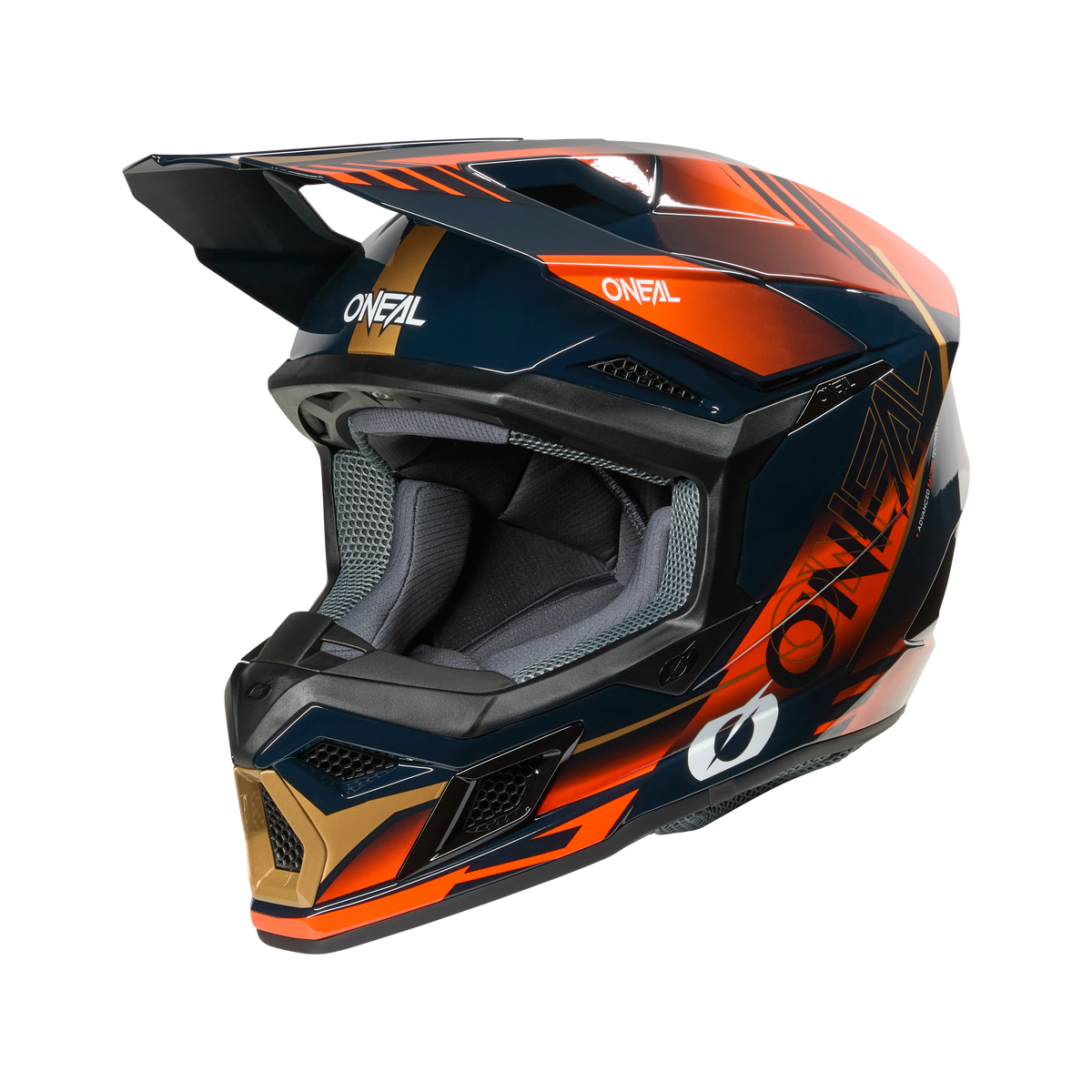 Der O'NEAL 3SRS Helmet HAZE ist ein Fullface-Motocross-Helm in Blau, Orange und Gold mit geometrischem Design, großem Visier, Belüftungsöffnungen und "O'NEAL"-Schriftzug an der Seite und vorne.