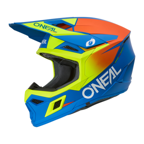 Der O'NEAL 3SRS Helm Kinder SOLID ist ein Motorradhelm für Kinder mit blauer Basis, neongelben und orangefarbenen Akzenten, Visier, Belüftung und dem O'NEAL-Logo an der Seite.