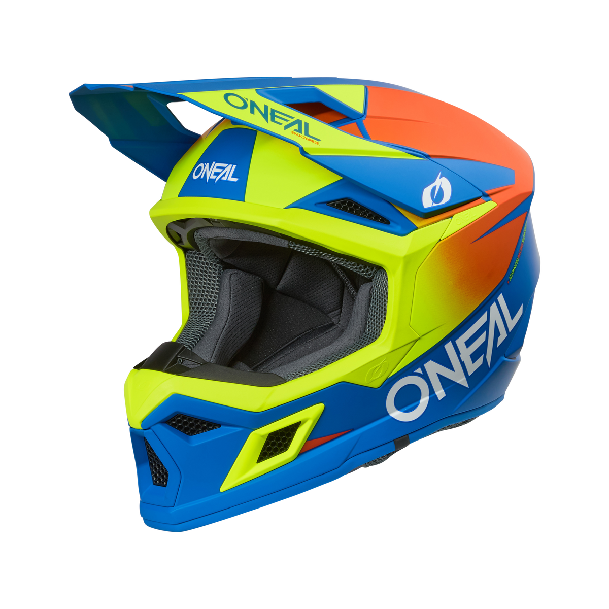 Der O'NEAL 3SRS Helm SOLID ist ein farbenfroher Motocross-Helm mit blauen, gelben und orangefarbenen Akzenten, ONFAL-Logos am Kinn und an der Seite, einem großen Visier und einer atmungsaktiven Netzpolsterung - ideal für Motocross-Fans.