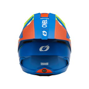 Rückansicht des O'NEAL 3SRS Helm Kinder SOLID, ein farbenfroher Kinderhelm von O'NEAL mit blauen, orangen, gelben und grünen Akzenten, "O'NEAL"-Logo auf der Ober- und Rückseite und sichtbaren Lüftungsschlitzen.