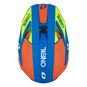 Draufsicht auf den farbenfrohen O'NEAL 3SRS Helm Kinder SOLID by O'NEAL mit auffälligen blauen, orangefarbenen und gelben Paneelen mit dem Markenlogo und Text - ein idealer, stylischer Helm für junge Motocross-Fahrer.