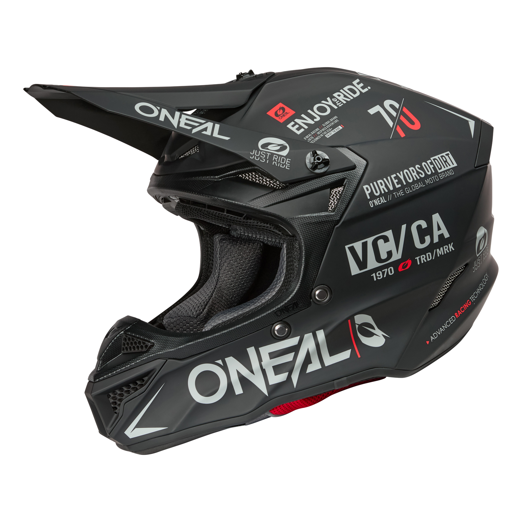 Der O'NEAL 5SRS Polyacrylite Helmet BRAND ist ein mattschwarzer Motocross-Helm mit Visier, der mit auffälligen weißen und roten Aufklebern, dem "O'NEAL"-Schriftzug, "VC/CA" und anderen grafischen Details versehen ist.