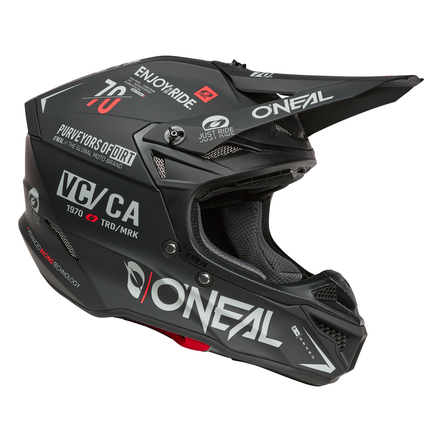 Ein Seitenprofilbild des O'NEAL 5SRS Polyacrylite Helmet in Schwarz mit weißen und roten Grafiken, Visier und Belüftung, dargestellt auf einem transparenten Hintergrund.