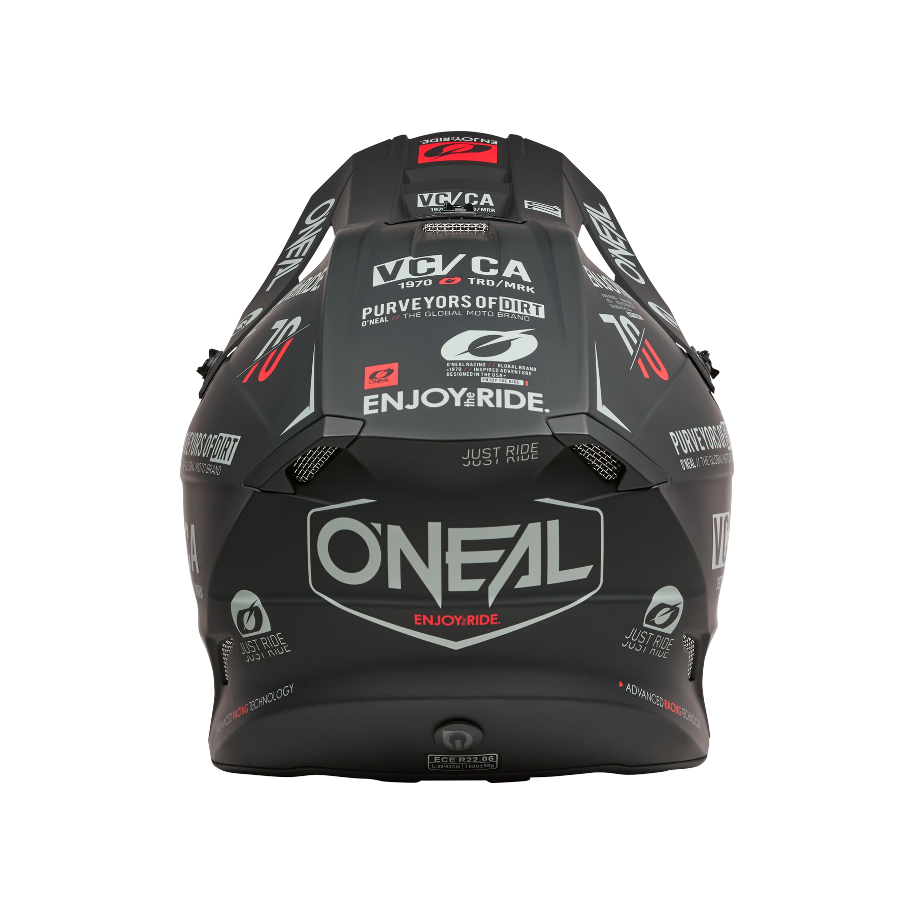 Der O'NEAL 5SRS Polyacrylite Helmet BRAND ist von hinten in mattem Schwarz abgebildet und zeigt mehrere weiße und rote Sponsorenlogos, darunter "ENJOY THE RIDE." und "PURVEYORS OF DIRT". Das Design ist modern und kantig.