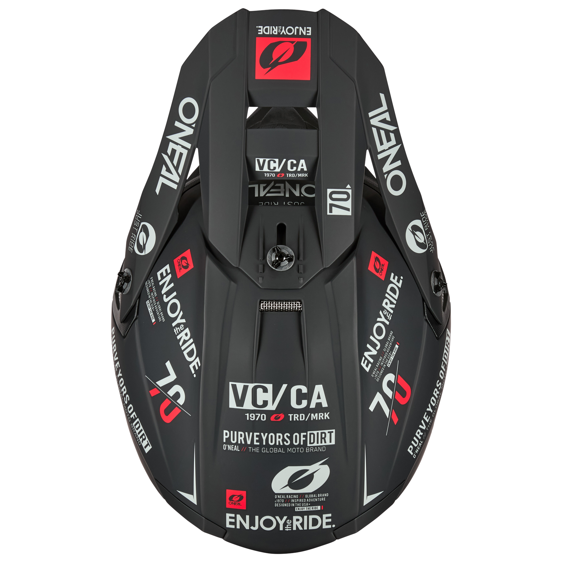 Draufsicht auf den O'NEAL 5SRS Polyacrylite-Helm in Schwarz mit roten, weißen und grauen Grafiken und Logos, darunter "O'NEAL", "ENJOY THE RIDE", "PUREVOYORS OF DIRT" und die Nummer 70.