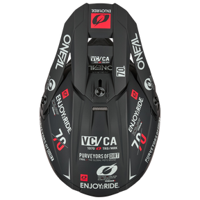 Draufsicht auf den O'NEAL 5SRS Polyacrylite-Helm in Schwarz mit roten, weißen und grauen Grafiken und Logos, darunter "O'NEAL", "ENJOY THE RIDE", "PUREVOYORS OF DIRT" und die Nummer 70.