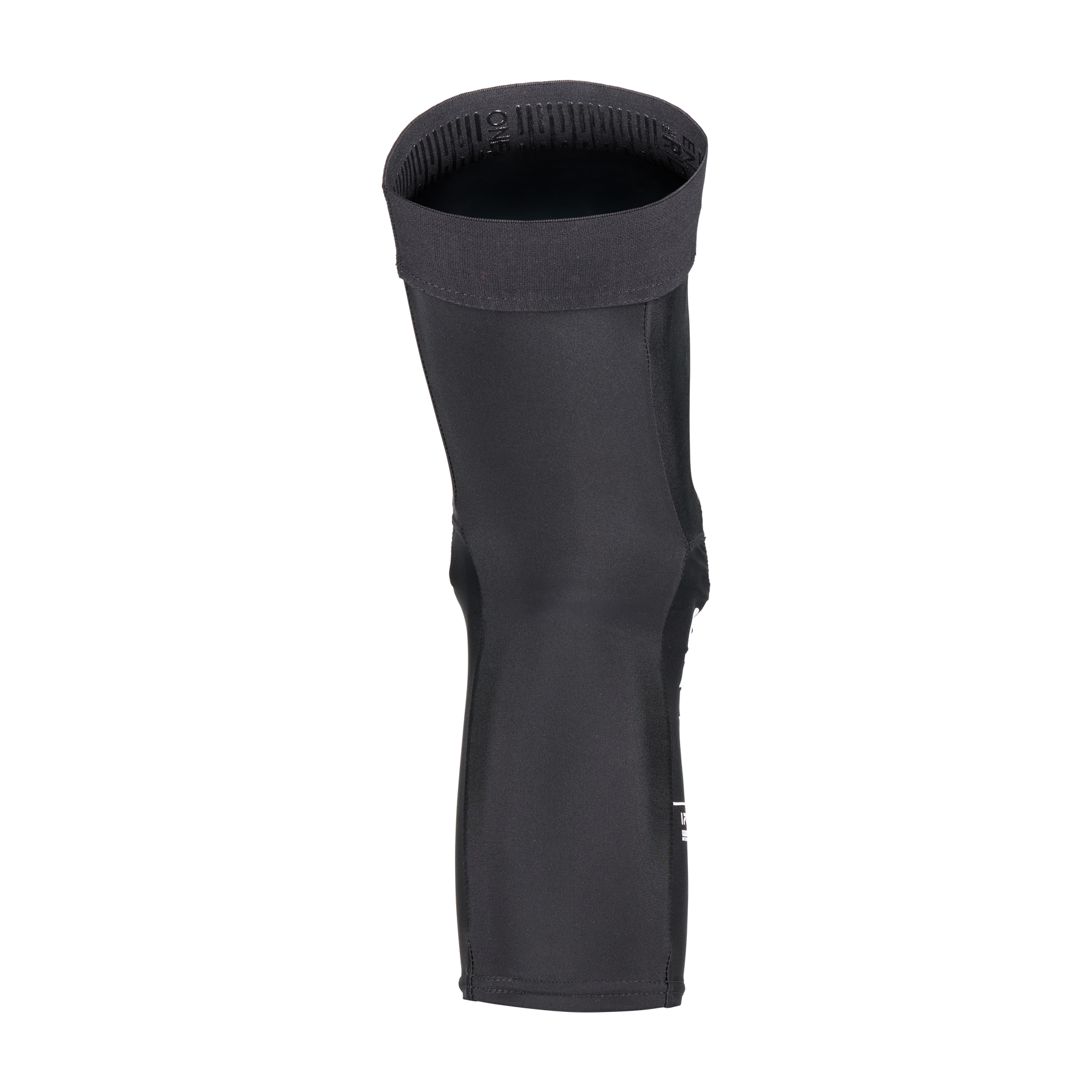 Ein O'NEAL DIRT 1.0 Knieschützer in Schwarz, der aufrecht vor einem schlichten weißen Hintergrund abgebildet ist. Dieser angepasste Knieschützer verfügt über ein breites Gummiband an der Oberseite und ist aus glattem, strapazierfähigem Material gefertigt.