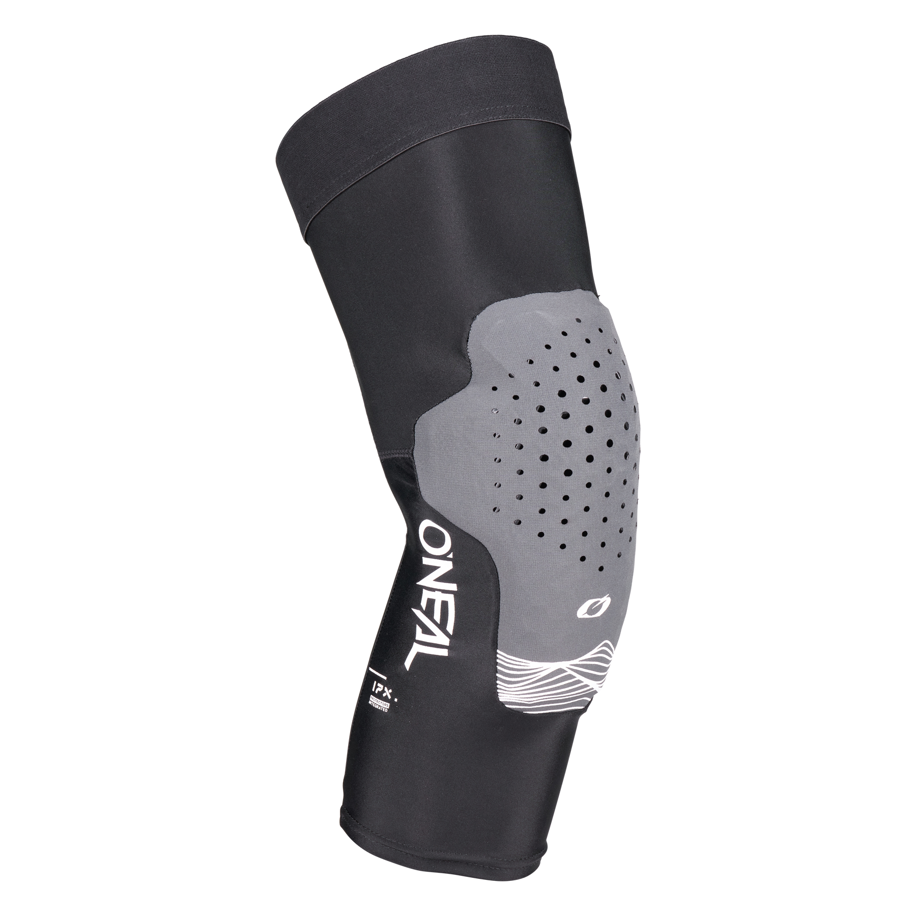 Der O'NEAL DIRT 1.0 Knieschützer ist ein schwarz-grauer Knieschützer mit perforierter Polsterung und dem O'NEAL-Logo auf der Seite, der für den anspruchsvollen sportlichen oder schützenden Einsatz konzipiert ist.