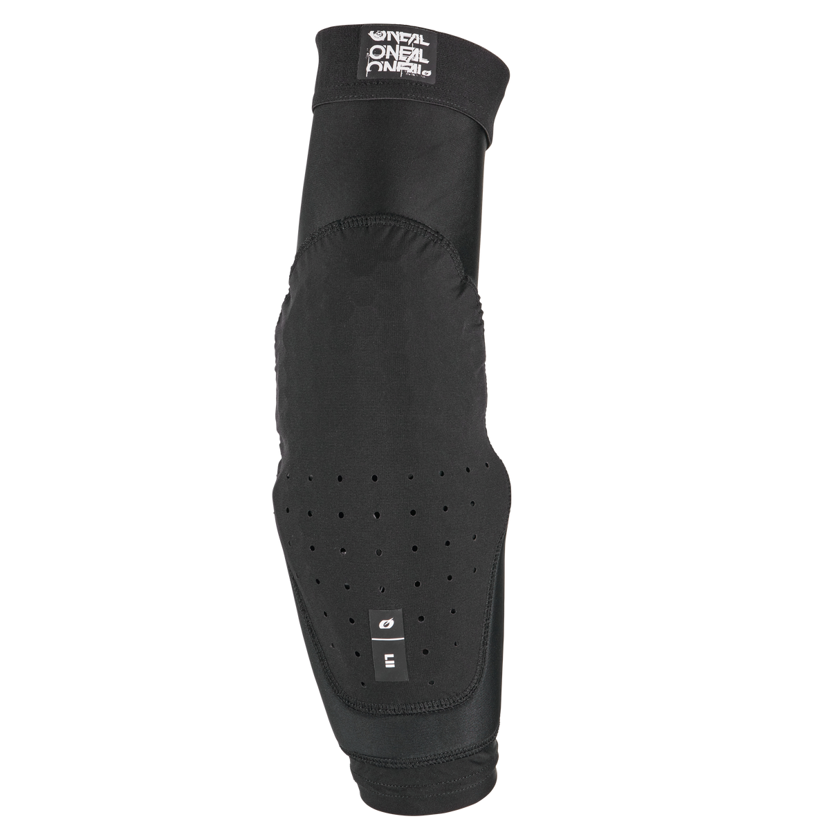 Ein einzelner schwarzer O'NEAL DIRT 2.0 Ellbogenschützer Kinder Mountainbike Ellbogenschützer, mit einer gepolsterten, perforierten Manschette mit dem Markenlogo an der Oberseite und dem Größenetikett "E" auf der Vorderseite.