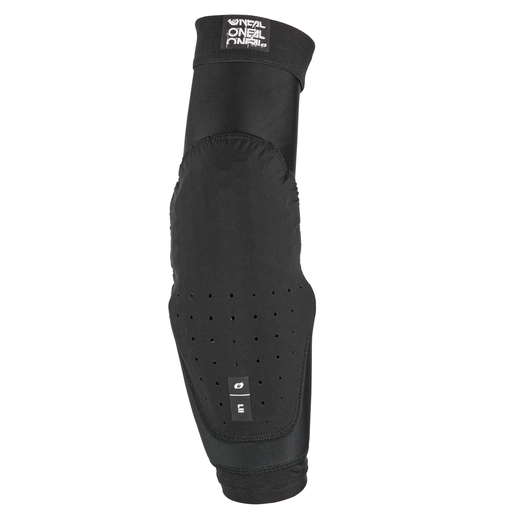 Ein einzelner schwarzer O'NEAL DIRT 2.0 Ellbogenschützer Kinder Mountainbike Ellbogenschützer, mit einer gepolsterten, perforierten Manschette mit dem Markenlogo an der Oberseite und dem Größenetikett "E" auf der Vorderseite.