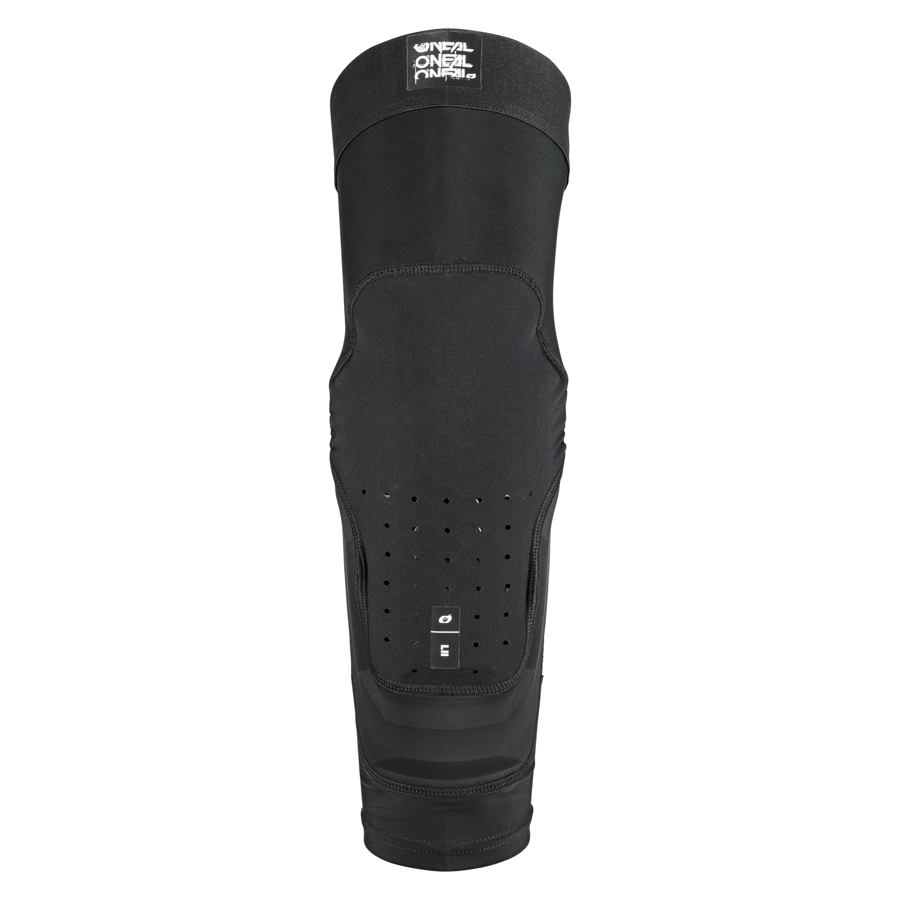 Der O'NEAL DIRT 2.0 Knieschützer Kinder ist ein schwarzer Knie- und Schienbeinschützer aus flexiblem, schützendem Material mit Belüftungslöchern und Crash Cells Technologie. Das O'NEAL-Logo erscheint oben, mit Größenmarkierungen in der Nähe der Mitte.