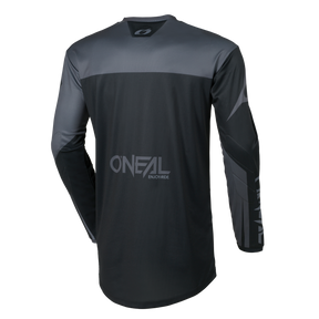 Eine Rückansicht des O'NEAL ELEMENT Jugendtrikots RACEWEAR in Schwarz und Grau mit geometrischen Ärmel- und oberen Rückenakzenten sowie dem O'NEAL-Logo.
