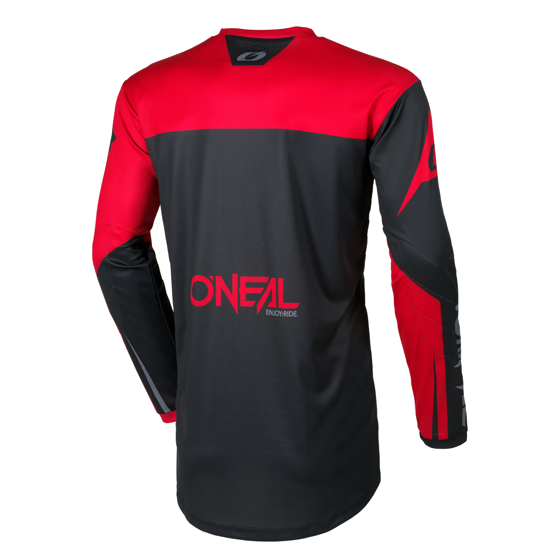 Das O'NEAL ELEMENT Jersey RACEWEAR ist ein langärmeliges Motocross-Trikot mit rotem Oberteil und schwarzem Unterteil, mit weißem "O'NEAL ENDURO/DE"-Logo auf dem Rücken und einem modernen, sportlichen Design.