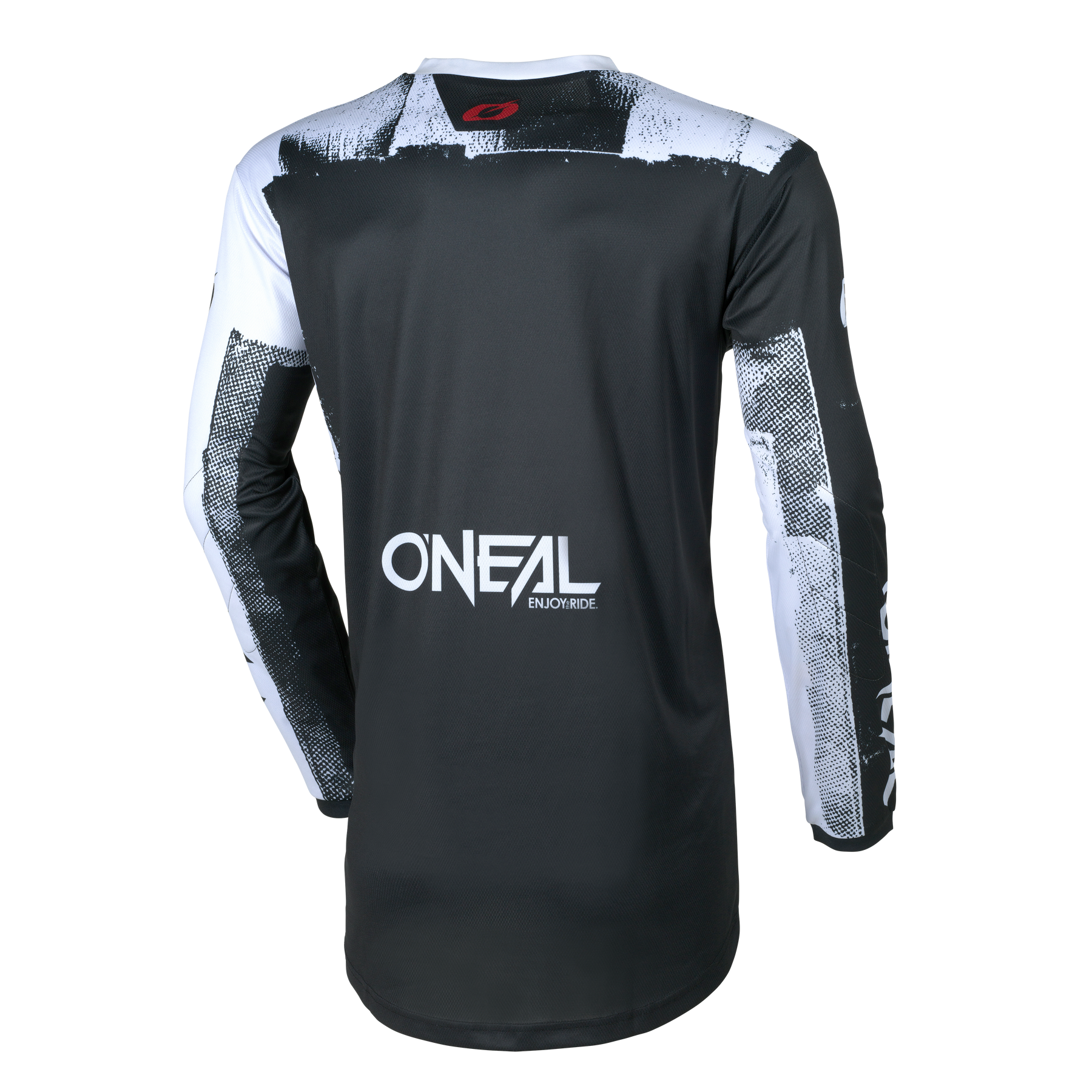Das O'NEAL ELEMENT Jersey ROLLER ist ein schwarz-weißes, langärmeliges Motocross-Trikot, das von hinten mit einem auffälligen "O'NEAL"-Logo und einem weißen "ENDURO RIDE"-Schriftzug auf dem unteren Rücken versehen ist.