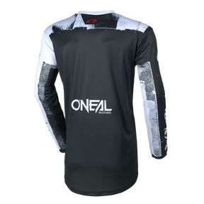 Das O'NEAL ELEMENT Jersey ROLLER ist ein schwarz-weißes, langärmeliges Motocross-Trikot, das von hinten mit einem auffälligen "O'NEAL"-Logo und einem weißen "ENDURO RIDE"-Schriftzug auf dem unteren Rücken versehen ist.