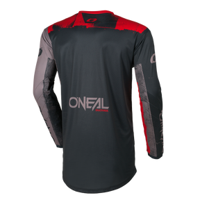 Rückenansicht des O'NEAL ELEMENT Trikots ROLLER, ein langärmeliges, schwarzes Motocross-Trikot mit roten und grauen Akzenten, O'NEAL-Branding, "INFORCE"-Schriftzug auf dem unteren Rücken und gebrandeten Ärmelmotiven.