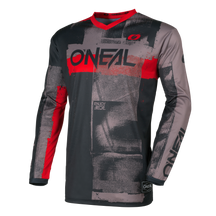 Das O'NEAL ELEMENT Jersey ROLLER ist ein langärmeliges Motocross-Trikot in grau/rot mit einem auffälligen "O'NEAL"-Logo auf Brust und Ärmel sowie einem kleinen Logo auf der linken Schulter.