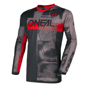 Das O'NEAL ELEMENT Jersey ROLLER ist ein langärmeliges Motocross-Trikot in grau/rot mit einem auffälligen "O'NEAL"-Logo auf Brust und Ärmel sowie einem kleinen Logo auf der linken Schulter.