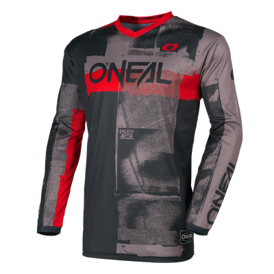 Das O'NEAL ELEMENT Jersey ROLLER ist ein langärmeliges Motocross-Trikot in grau/rot mit einem auffälligen "O'NEAL"-Logo auf Brust und Ärmel sowie einem kleinen Logo auf der linken Schulter.