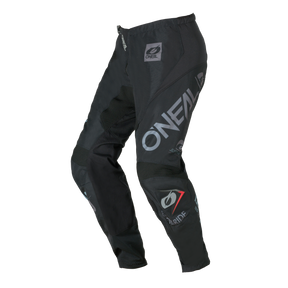 O'NEAL ELEMENT Pants BRAND in schwarz/grau mit grauem und weißem Logo, verstärkten Knien und Mesh-Belüftungseinsätzen, abgebildet auf einem einfarbigen Hintergrund.