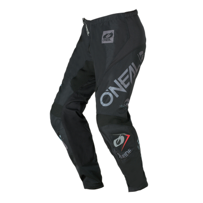 O'NEAL ELEMENT Pants BRAND in schwarz/grau mit grauem und weißem Logo, verstärkten Knien und Mesh-Belüftungseinsätzen, abgebildet auf einem einfarbigen Hintergrund.