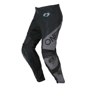 Die O'NEAL ELEMENT Pants RACEWEAR in schwarz/grau verfügt über verstärkte Kniepartien, eine ergonomische Passform und ein auffälliges O'NEAL-Branding am Bein.