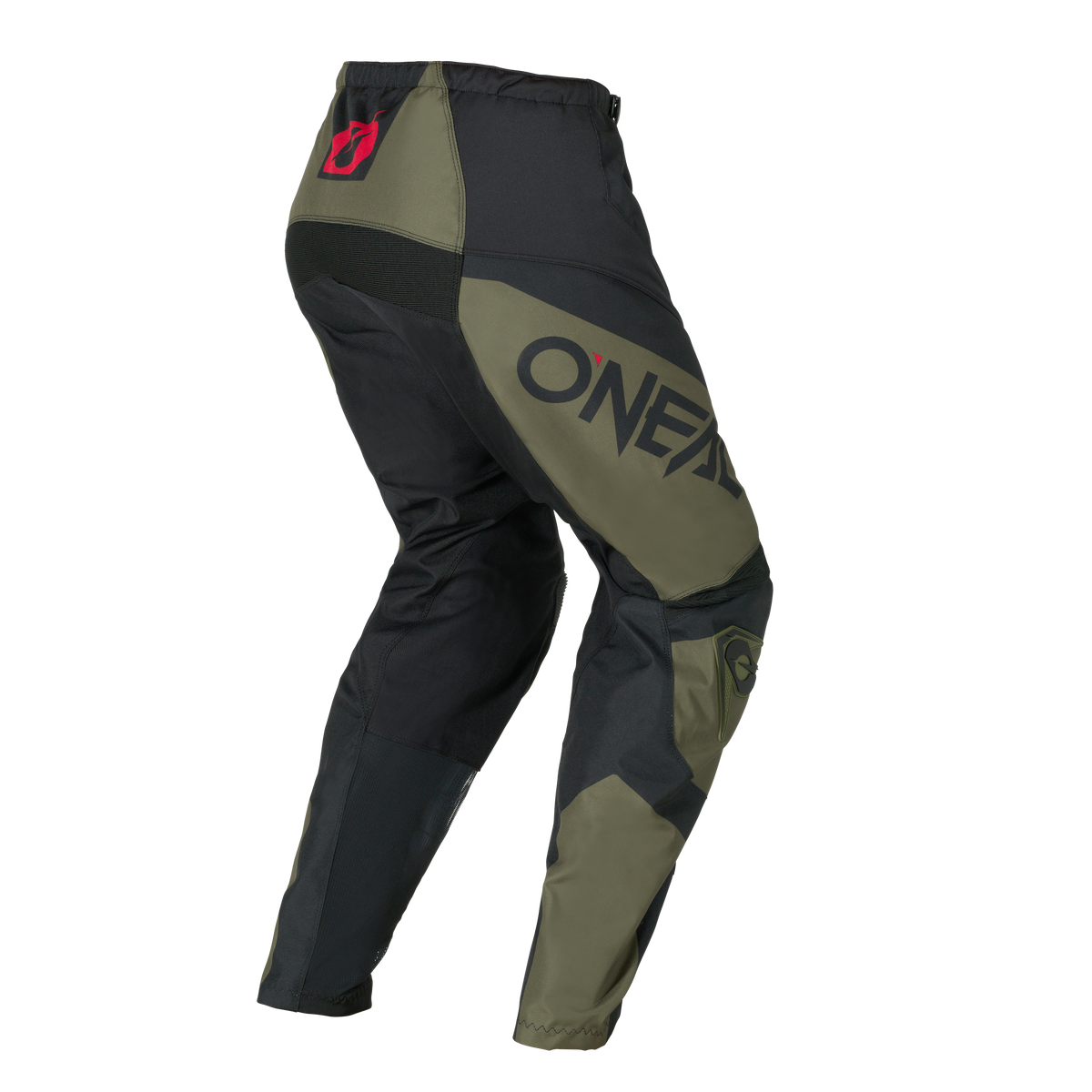 O'NEAL ELEMENT Pants RACEWEAR: schwarz-olivfarbene Motocross-Hose mit "O'NEAL"-Schriftzug an der Seite und roten Logodetails in der Nähe der Taille auf weißem Grund.