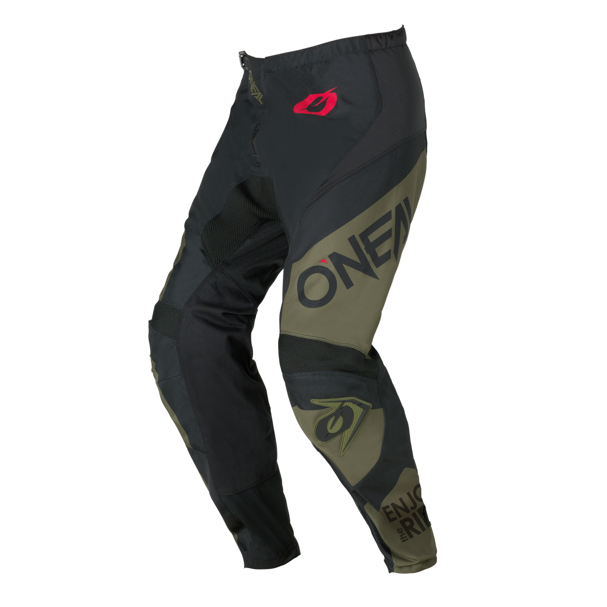 Die O'NEAL ELEMENT Pants RACEWEAR in schwarz/oliv ist mit dem O'NEAL-Logo und dem Schriftzug "ENJOY THE RIDE" auf dem Unterschenkel versehen.