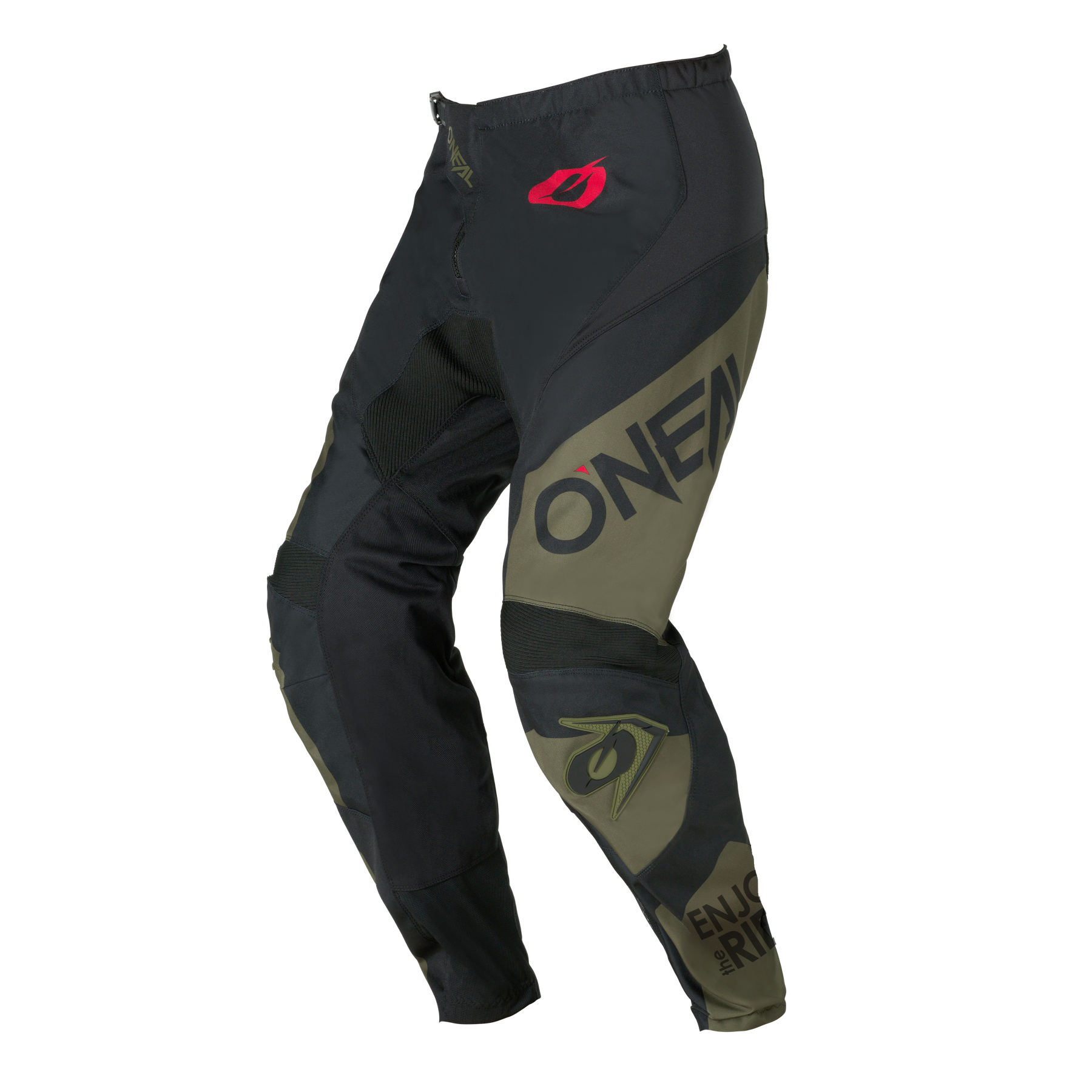Die O'NEAL ELEMENT Pants RACEWEAR in schwarz/oliv ist mit dem O'NEAL-Logo und dem Schriftzug "ENJOY THE RIDE" auf dem Unterschenkel versehen.