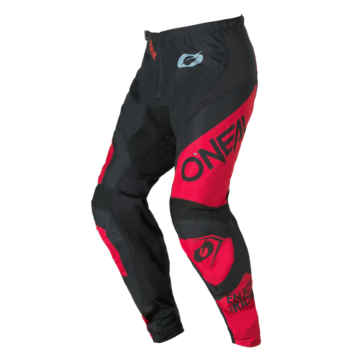 O'NEAL ELEMENT Pants RACEWEAR in schwarz/rot mit großem "O'NEAL"-Schriftzug auf dem linken Bein und kleineren Logos auf den Oberschenkeln und dem rechten Knie, abgebildet auf transparentem Hintergrund.