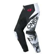 Die O'NEAL ELEMENT Pants ROLLER in schwarz/weiß hat einen auffälligen "O'NEAL"-Schriftzug, ein grafisches Muster, ein rotes Logo am Bund und den Schriftzug "ENJOY RIDE" auf dem Unterschenkel, der auf weißem Grund abgebildet ist.