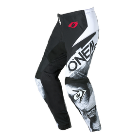 Die O'NEAL ELEMENT Pants ROLLER in schwarz/weiß hat einen auffälligen "O'NEAL"-Schriftzug, ein grafisches Muster, ein rotes Logo am Bund und den Schriftzug "ENJOY RIDE" auf dem Unterschenkel, der auf weißem Grund abgebildet ist.