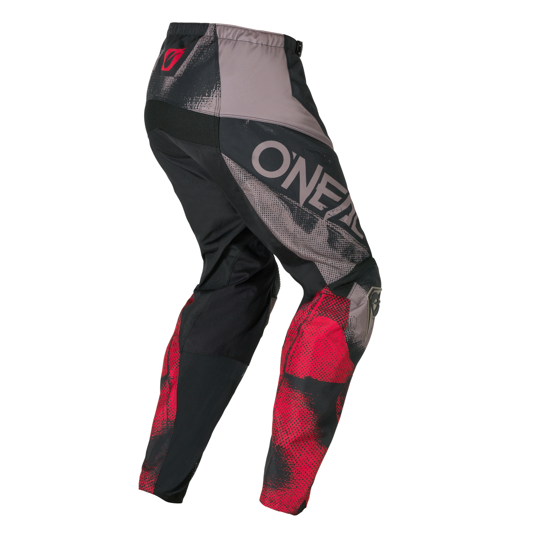 Die O'NEAL ELEMENT Pants ROLLER ist eine Motocross-Hose in den Farben Schwarz, Grau und Rot mit strukturiertem Grafikmuster und dem O'NEAL-Logo auf dem Oberschenkel.