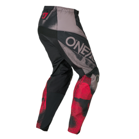 Die O'NEAL ELEMENT Pants ROLLER ist eine Motocross-Hose in den Farben Schwarz, Grau und Rot mit strukturiertem Grafikmuster und dem O'NEAL-Logo auf dem Oberschenkel.