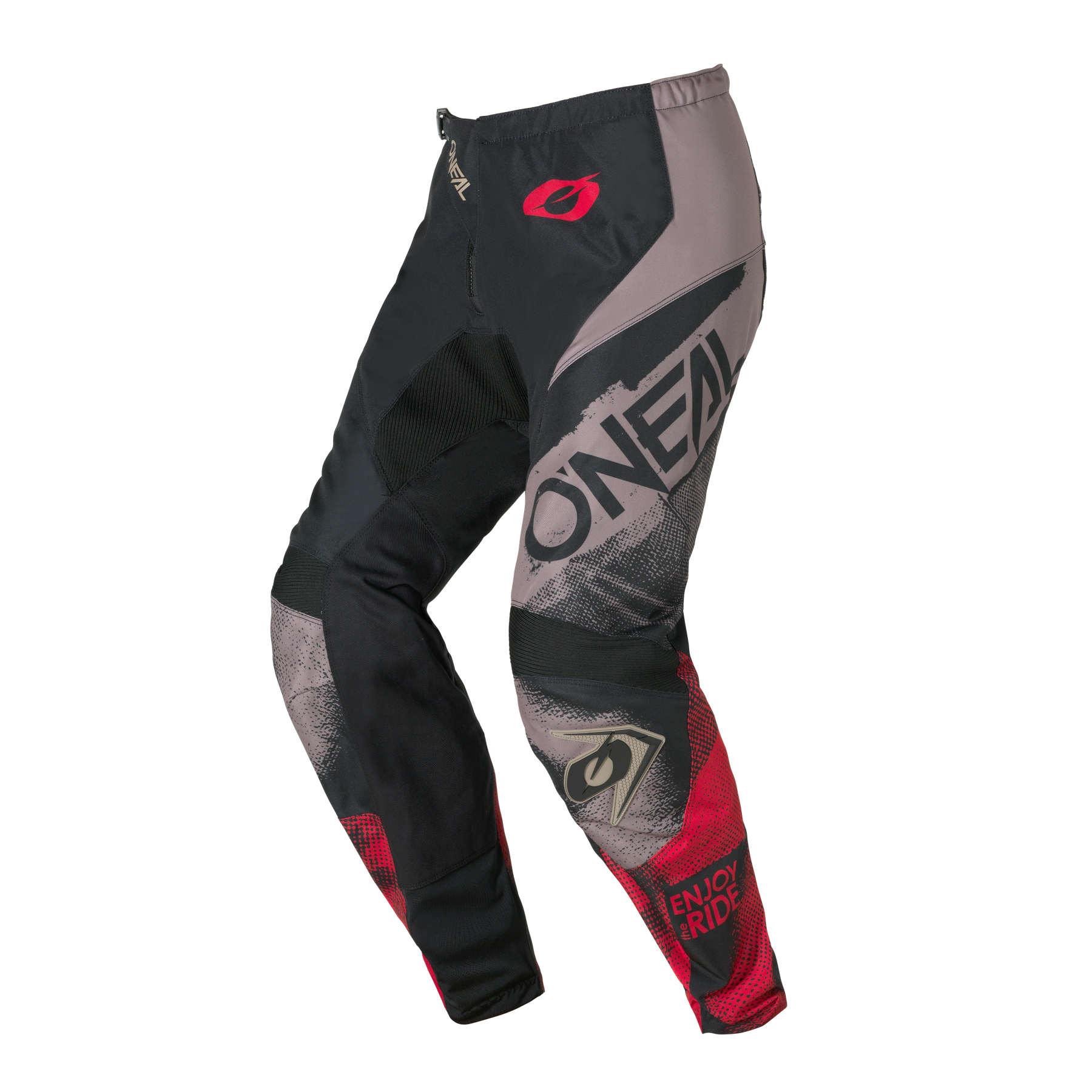 Die O'NEAL ELEMENT Pants ROLLER in grau/rot hat eine auffällige Grafik mit dem O'NEAL-Logo und "ENJOY RIDE" am unteren Bein.