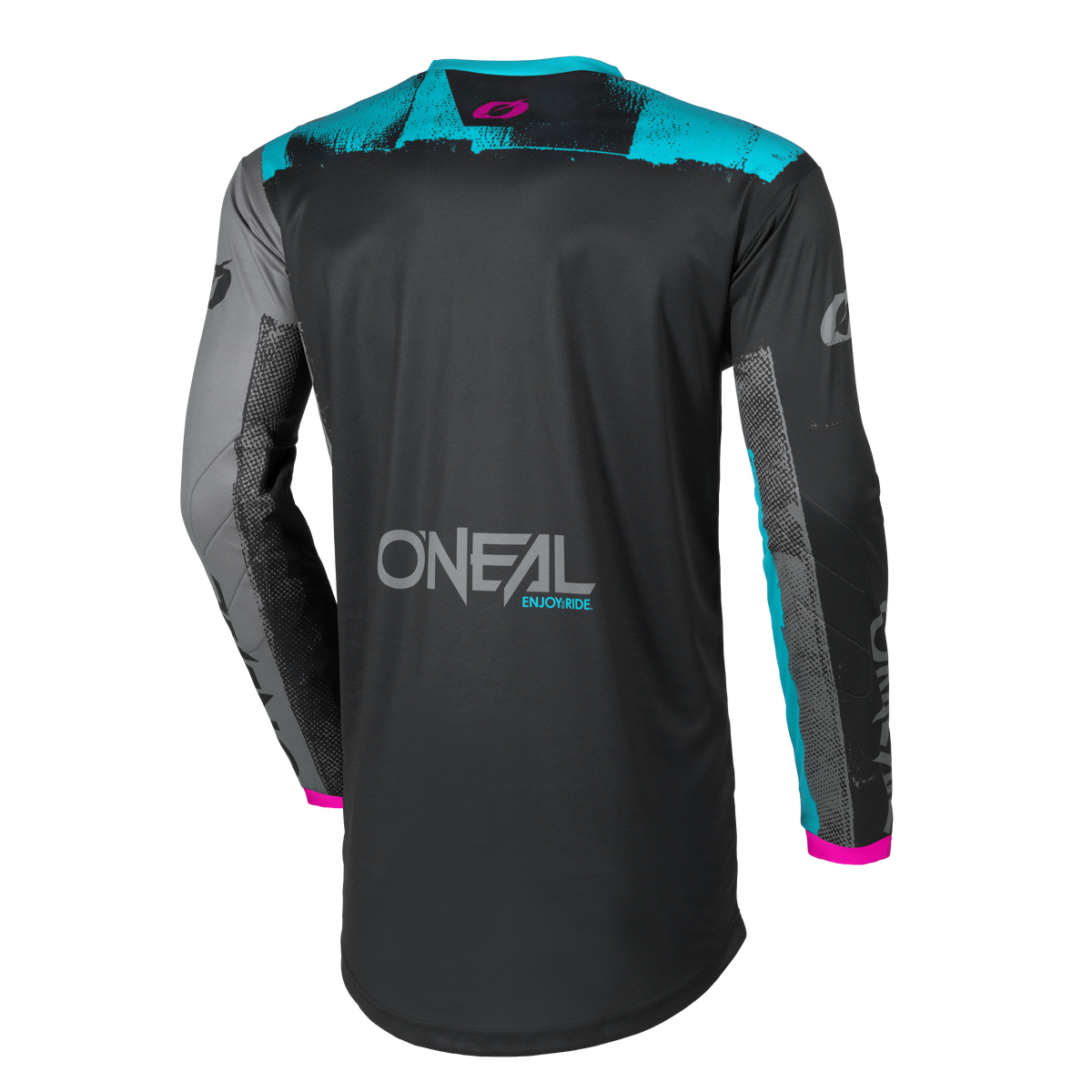 Das O'NEAL ELEMENT Damen-Trikot ROLLER ist ein schwarzes, langärmeliges Trikot mit türkisfarbenen und rosafarbenen Akzenten, von hinten gesehen, mit grafischen Mustern an den Ärmeln und Schultern.