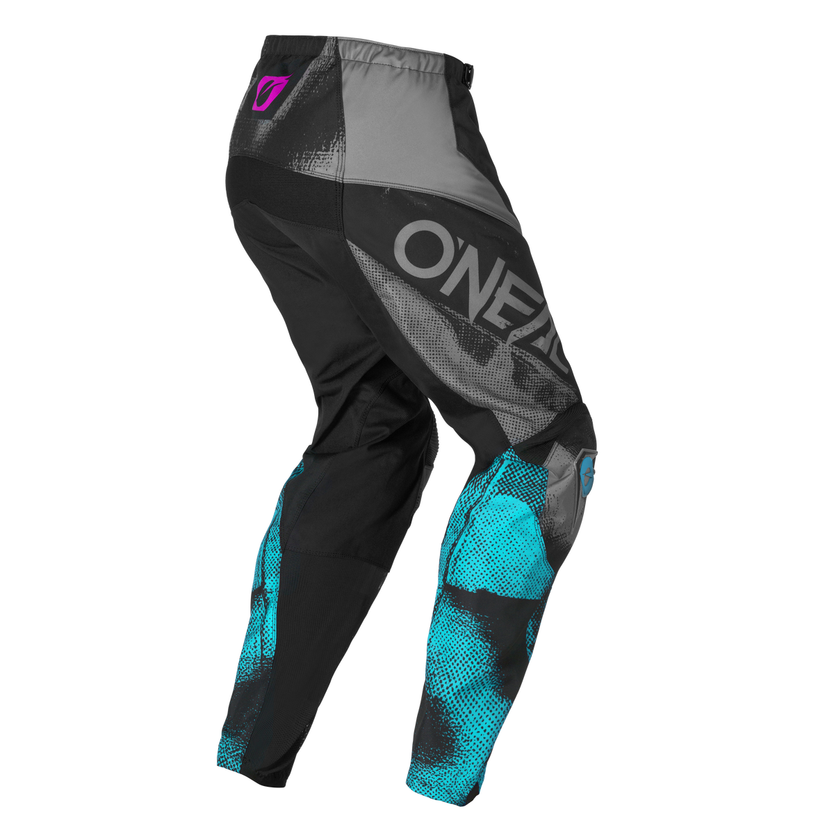Schwarze, graue und blaugrüne O'NEAL ELEMENT Damenhose ROLLER mit geometrischen Mustern, "O'NEAL" in Fettdruck an der Seite und einem kleinen rosa Logo in der Nähe des Bundes auf weißem Hintergrund.