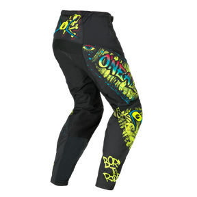 O'NEAL ELEMENT Youth Pants RANCID: Schwarze und neonfarbene Motocross-Hose mit leuchtenden Graffiti-Grafiken, "ONEAL"- und "BORN TO RIDE"-Schriftzug sowie stilisierten Augen- und Gesichtsmotiven an Beinen und Hüfte.