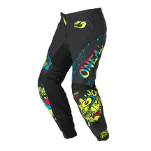 Die O'NEAL ELEMENT Youth Pants RANCID ist schwarz mit neongelben grafischen Motiven, fetten Schriftzügen und dem O'NEAL-Markennamen auf dem linken Bein auf weißem Hintergrund.