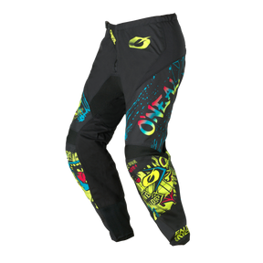 Die O'NEAL ELEMENT Youth Pants RANCID ist schwarz mit neongelben grafischen Motiven, fetten Schriftzügen und dem O'NEAL-Markennamen auf dem linken Bein auf weißem Hintergrund.