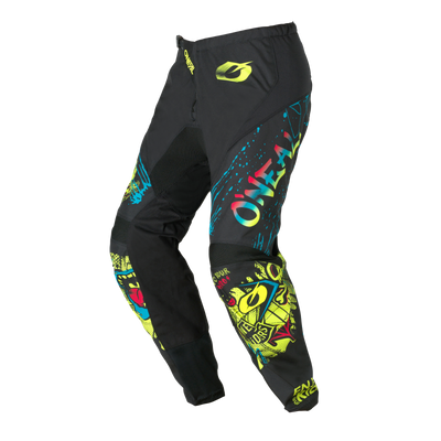 Die O'NEAL ELEMENT Youth Pants RANCID ist schwarz mit neongelben grafischen Motiven, fetten Schriftzügen und dem O'NEAL-Markennamen auf dem linken Bein auf weißem Hintergrund.