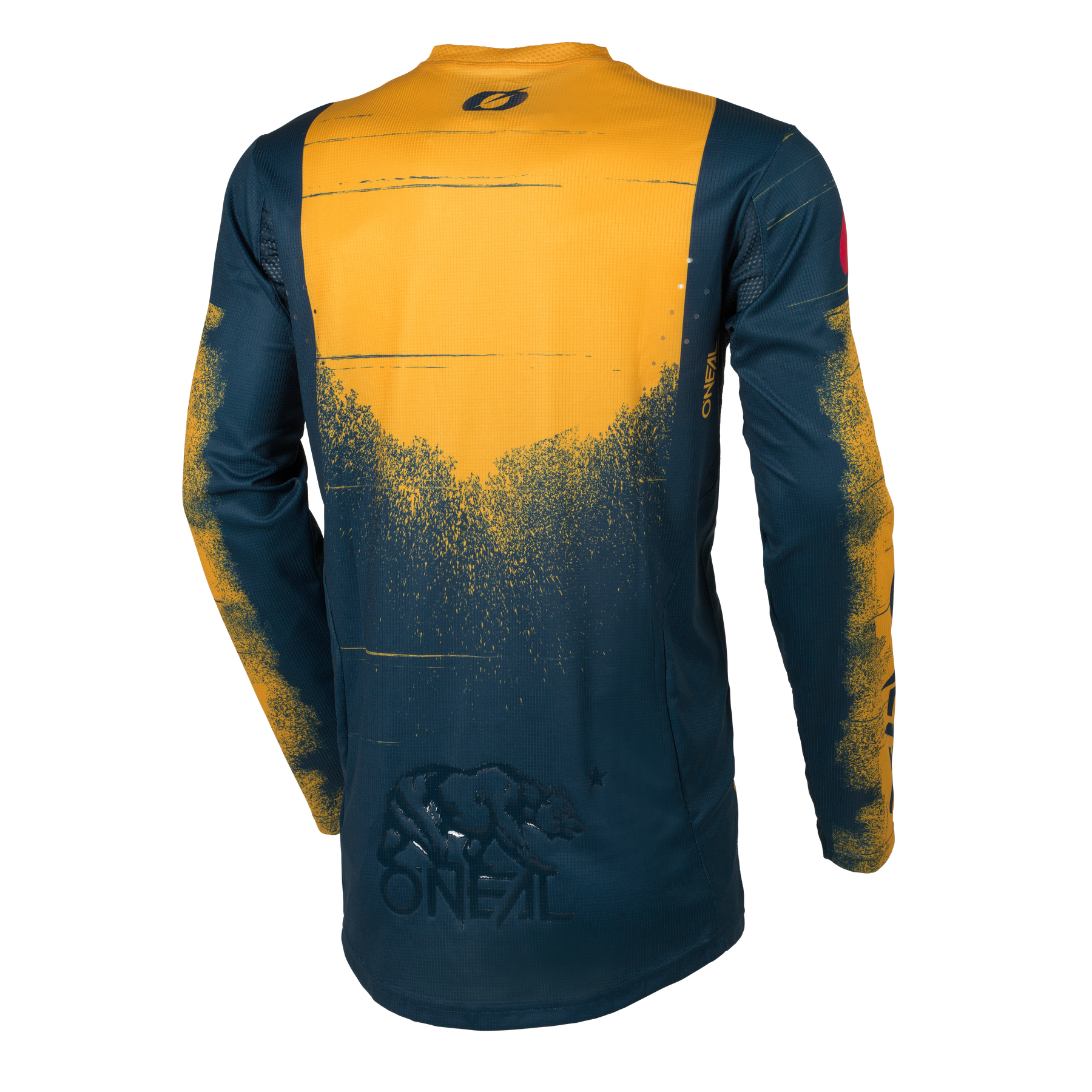 Das O'NEAL HARDWEAR Jersey SWIPE hat lange Ärmel, einen gelb-dunkelblauen Farbverlauf mit einer Bärengrafik, ein "O'Neal"-Logo auf dem unteren Rücken und Farbspritzer auf dem Körper und den Ärmeln.