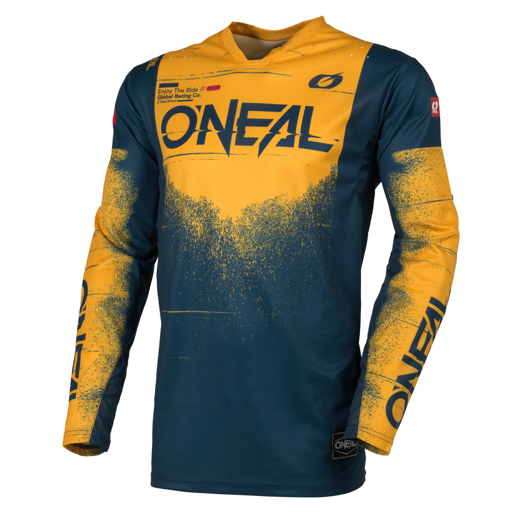 Das O'NEAL HARDWEAR Jersey SWIPE ist ein blau-gelbes, langärmeliges Motocross-Trikot mit einem auffälligen O'NEAL-Branding auf der Brust, den Ärmeln und dem Kragen sowie einer Grafik mit Farbklecksen auf der oberen Vorderseite und den Ärmeln.