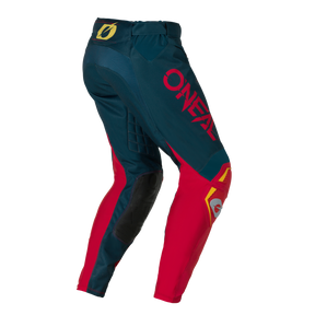 Die O'NEAL HARDWEAR Pants SWIPE ist eine Motocross-Hose in Dunkelblau und Rot mit gelben Akzenten, seitlichem O'NEAL-Logo und gesteppter Oberschenkelpolsterung.