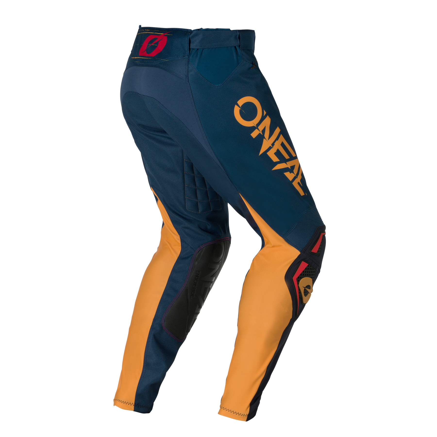 Die O'NEAL HARDWEAR Pants SWIPE ist eine marineblaue, goldfarbene Motocross-Hose mit schwarz-roten Akzenten und einem auffälligen "O'NEAL"-Logo an der Seite.