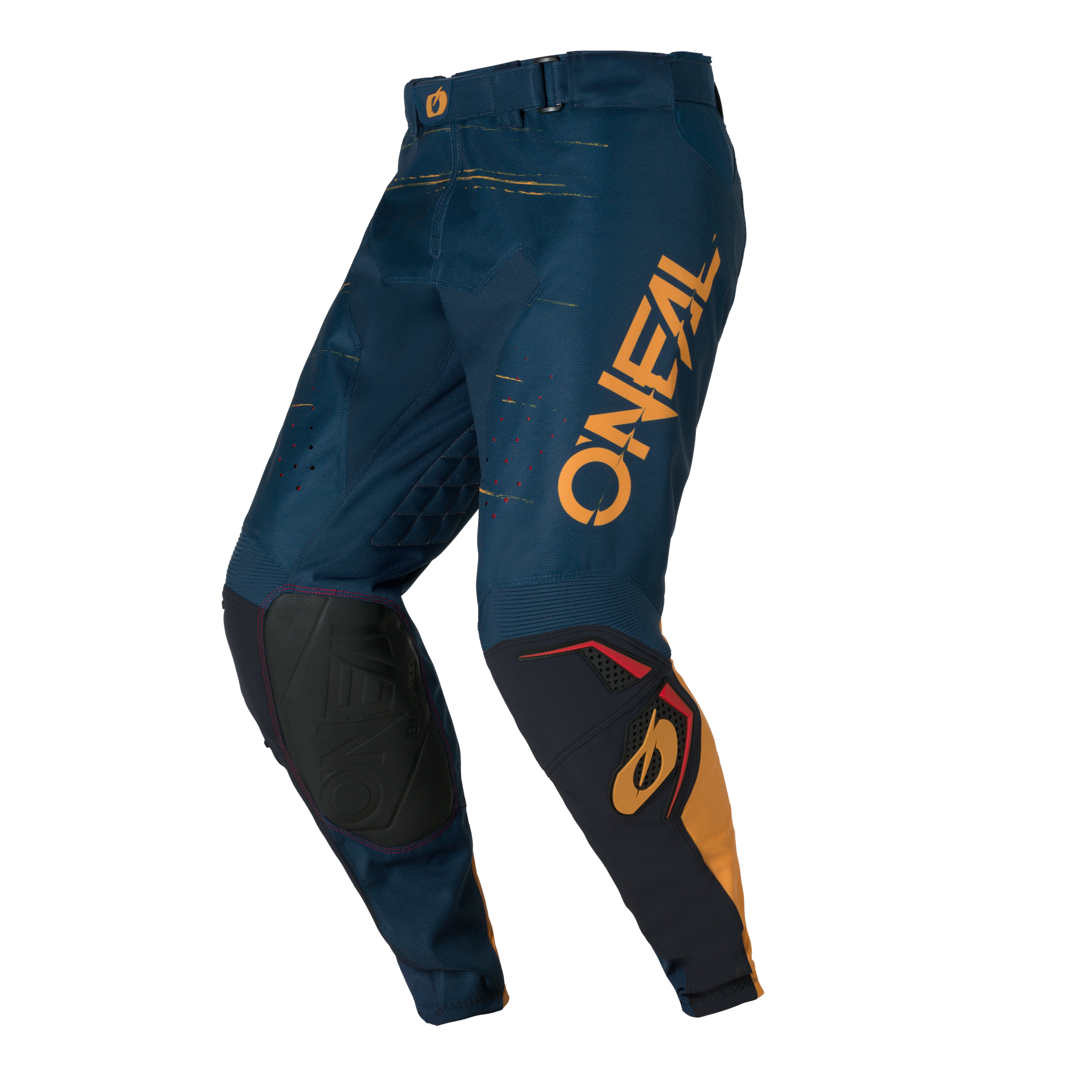 Die O'NEAL HARDWEAR Pants SWIPE von O'NEAL in marineblau/mandarine hat verstärkte Kniepartien, ein sportliches Design und ein auffälliges "ONEAL"-Branding auf dem linken Oberschenkel.