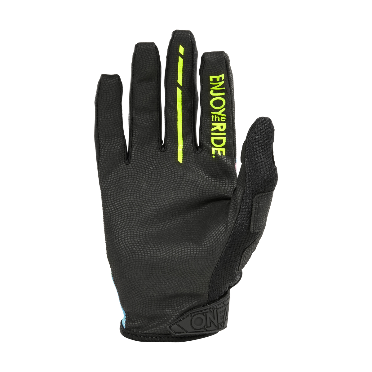 Der O'NEAL MAYHEM Glove RESEDA von O'NEAL ist ein schwarzer Vollfinger-Radhandschuh mit strukturiertem Gewebe, "ENJOY THE RIDE" in Weiß und Gelb auf dem Zeigefinger und einem Klettverschluss am Handgelenk.