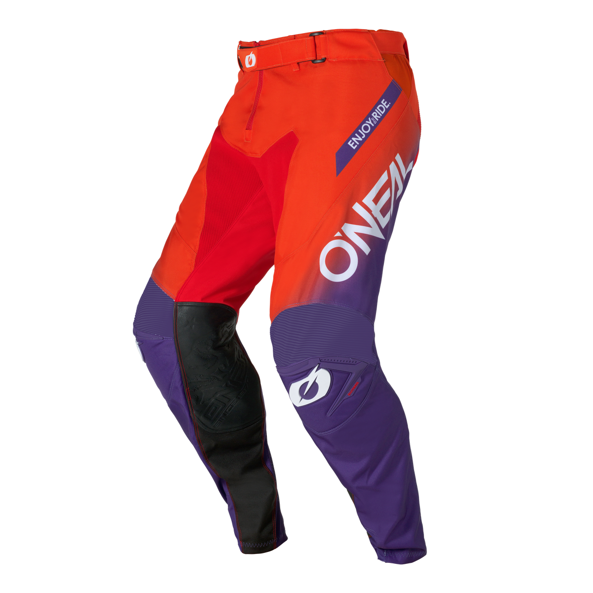 Die O'NEAL MAYHEM Hose HEXX Motocross-Hose von O'NEAL kommt in leuchtendem Rot, Lila und Schwarz mit "O'NEAL" in Weiß vertikal und "ENJOY RIDE" am Bund. Diese atmungsaktive Hose verfügt über verstärkte Kniepartien für zusätzliche Haltbarkeit.
