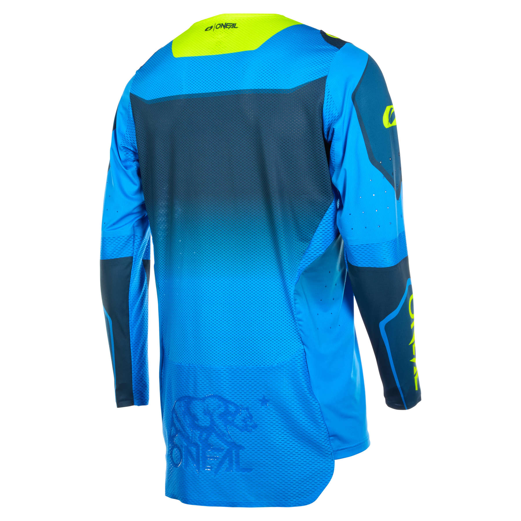 Blau-schwarzes Langarm-Motocross-Trikot mit neongelben Akzenten und einem Bärenlogo auf dem unteren Rücken. „O'NEAL Europe“ steht auf Rücken und Ärmel. Das O-Trikot verfügt über ein Farbverlaufsdesign und Perforationen zur Belüftung.